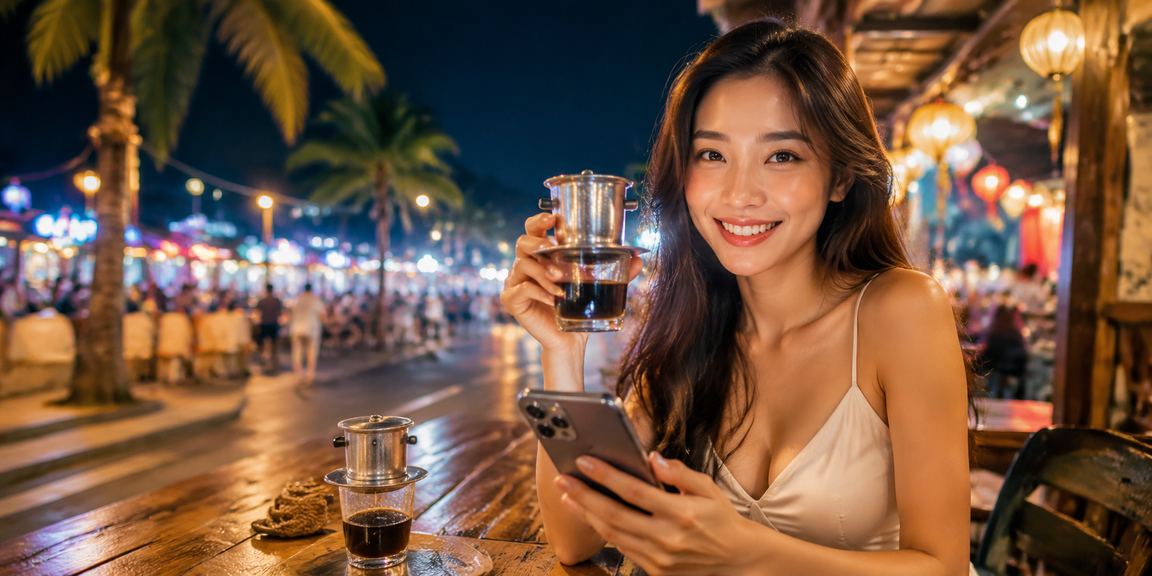 Người dùng Nha Trang xem phân tích thể thao trên điện thoại tại quán cà phê